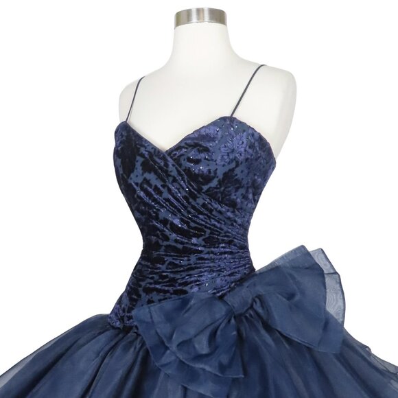 Vintage 80s Navy Blue Velvet Burnout Full Skirt Bow Dance Prom Party Dress XS S - Picture 8 of 12